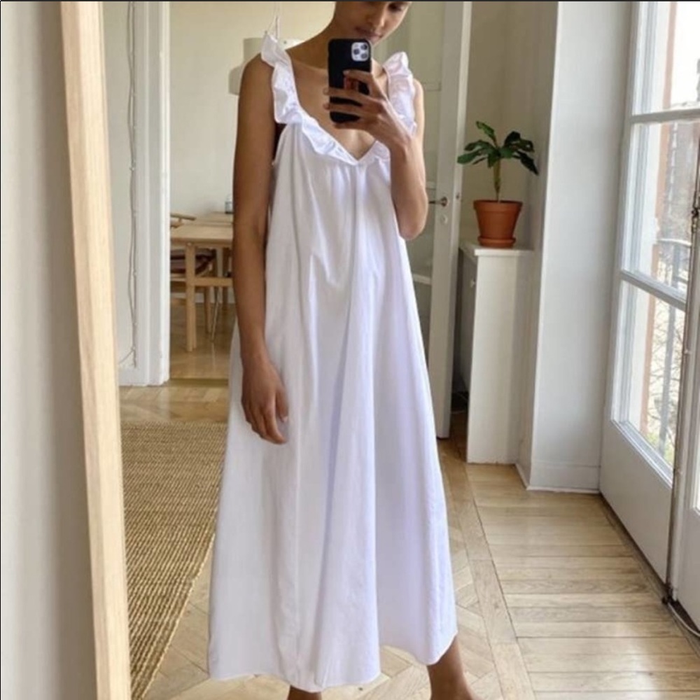 H&M White Ruffle-Trim Midi Dress